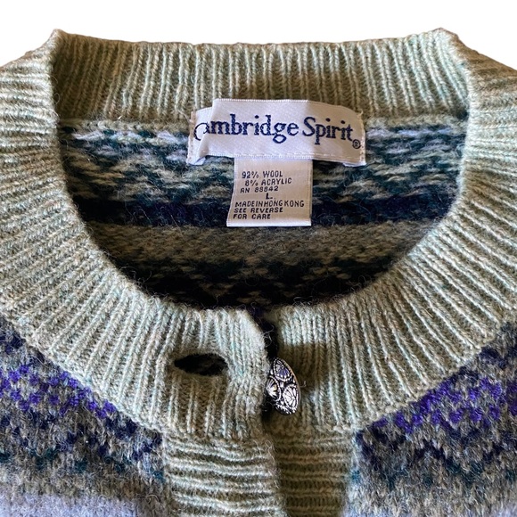 Cambridge Spirit Fair Isle Cardigan Size L 92% Wool 8% Acrylic Metallic Buttons - Picture 6 of 8